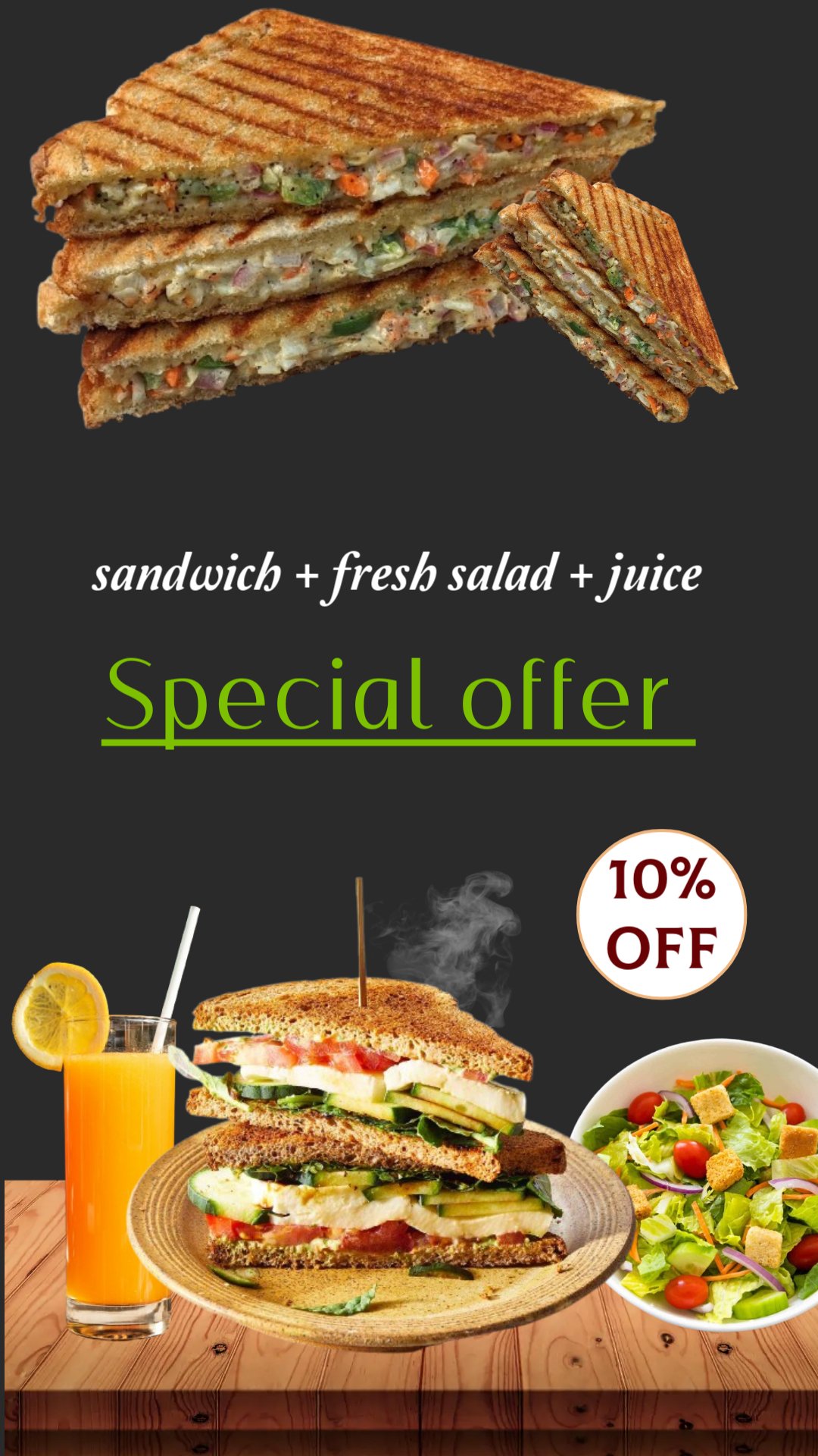 Veg sandwich + Fresh salad + juice